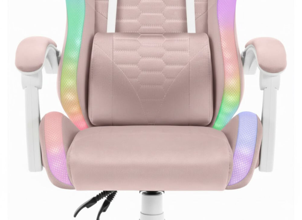 Fotel HELL'S CHAIR HC-1000 LED RGB Różowo-biały zbliżenie na siedzisko i poduszkę fotela białe tło dbałość o elementy trwały i praktyczny welur profilowana poduszka pod lędźwie tapicerowane podłokietniki