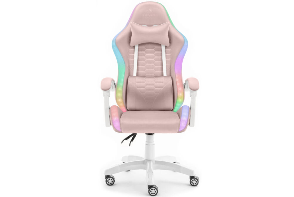 Fotel HELL'S CHAIR HC-1000 LED RGB Różowo-biały prezentacja fotela od przodu na białym tle solidna konstrukcja wypełnienie z termo-elastycznej pianki Free Air zimnej pianki CF sprzyja utrzymaniu prawidłowej postawy