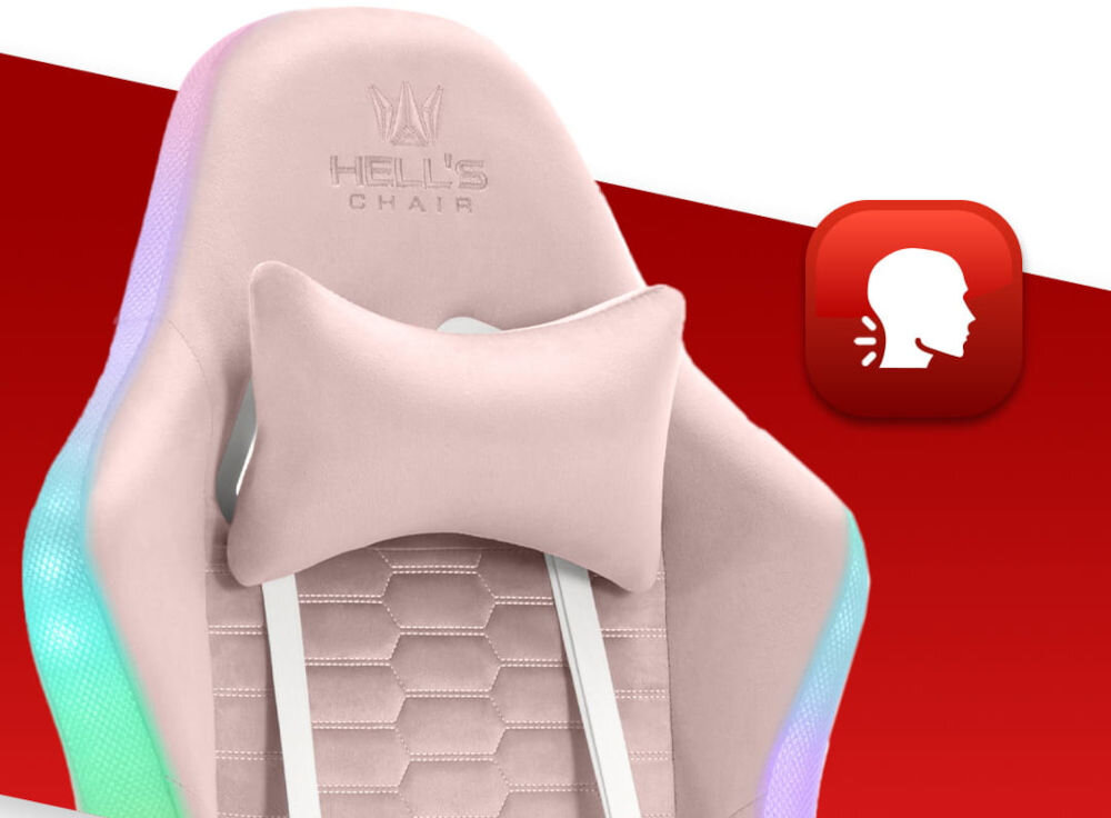 Fotel HELL'S CHAIR HC-1000 LED RGB Różowo-biały zbliżenie na oparcie i poduszkę na czerwono-białym tle ikona wyprofilowana poduszka wsparcie głowy i mięśni karku komfort suwak indywidualny poziom miękkości