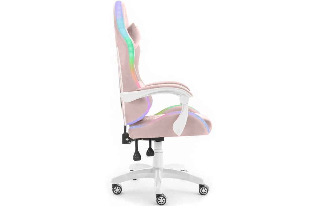 Fotel HELL'S CHAIR HC-1000 LED RGB Różowo-biały prezentacja fotela od boku na białym tle płynnie regulowana wysokość siedziska prawidłowa cyrkulacja krwi redukcja uczucia zmęczenia nóg podnośnik gazowy certyfikat SGS