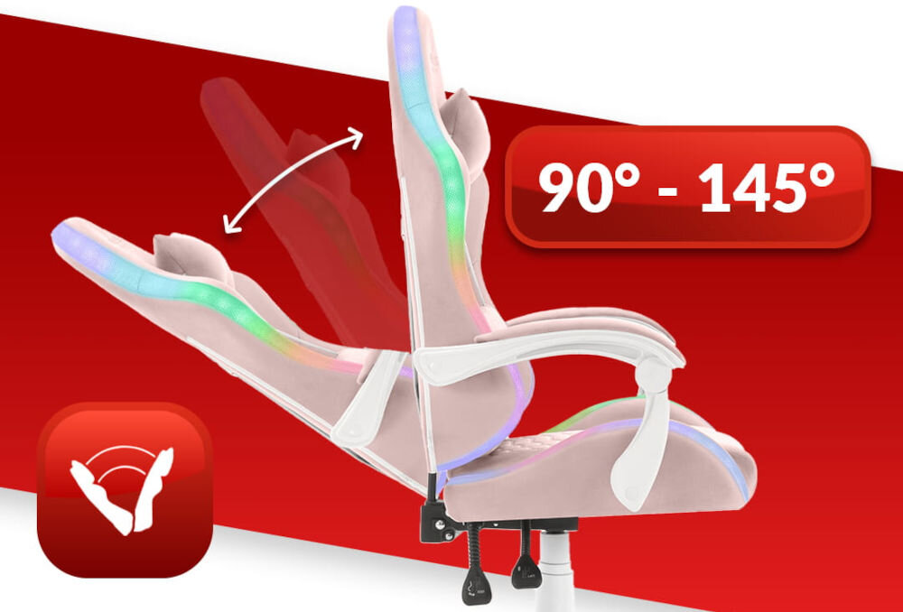 Fotel HELL'S CHAIR HC-1000 LED RGB Różowo-biały prezentacja fotela od boku i jego możliwej regulacji na czerwono-białym tle płynna regulacja kąta pochylenia oparcia wygodna dźwignia optymalna pozycja dla komfortu