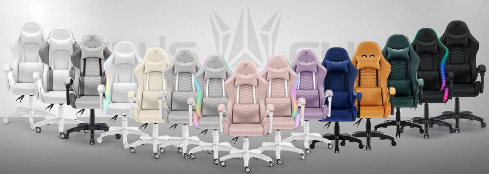 Fotel HELL'S CHAIR HC-1000 Ekoskóra Biały prezentacja różnych wariantów kolorystycznych fotela na szarym tle z napisem marki