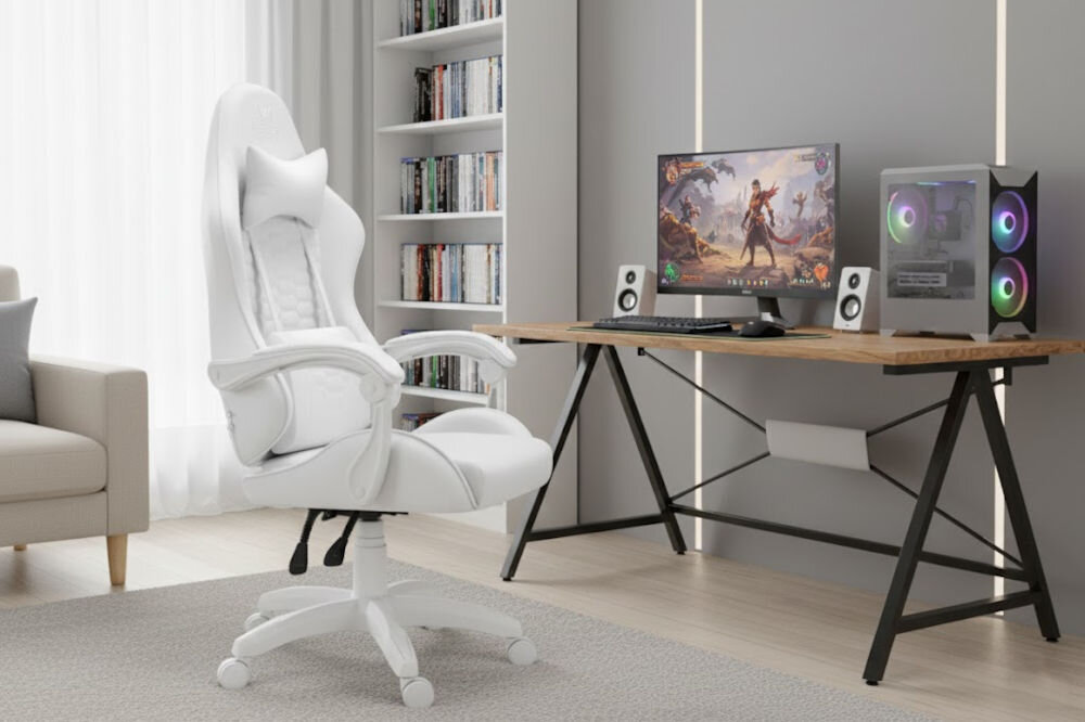 Fotel HELL'S CHAIR HC-1000 Ekoskóra Biały prezentacja fotela przed biurkiem w pokoju wzrost optymalne dopasowanie podparcie ciała komfort