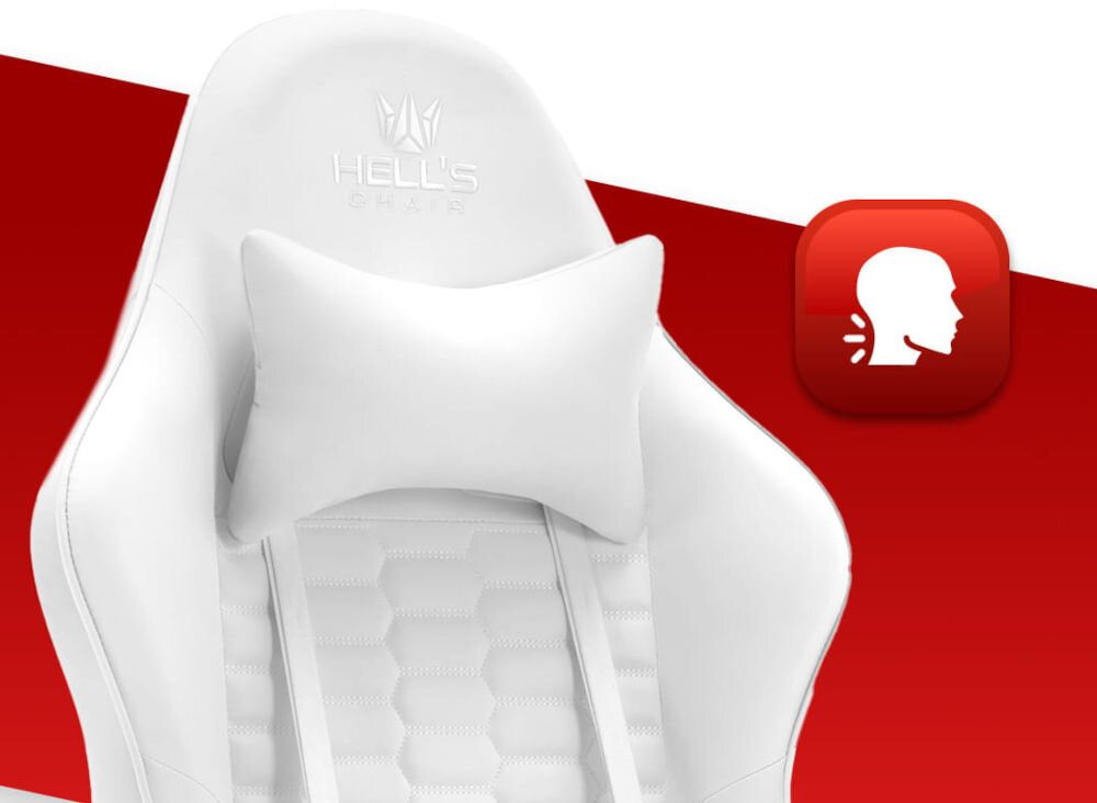 Fotel HELL'S CHAIR HC-1000 Ekoskóra Biały zbliżenie na oparcie i poduszkę na czerwono-białym tle ikona wyprofilowana poduszka wsparcie głowy i mięśni karku komfort suwak indywidualny poziom miękkości