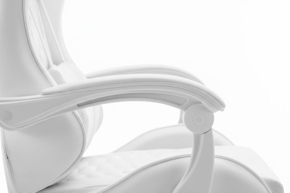Fotel HELL'S CHAIR HC-1000 Ekoskóra Biały zbliżenie na podłokietniki jasne tło miękkie wypełnienie solidne podparcie spójna stylistyka komfort przedramion