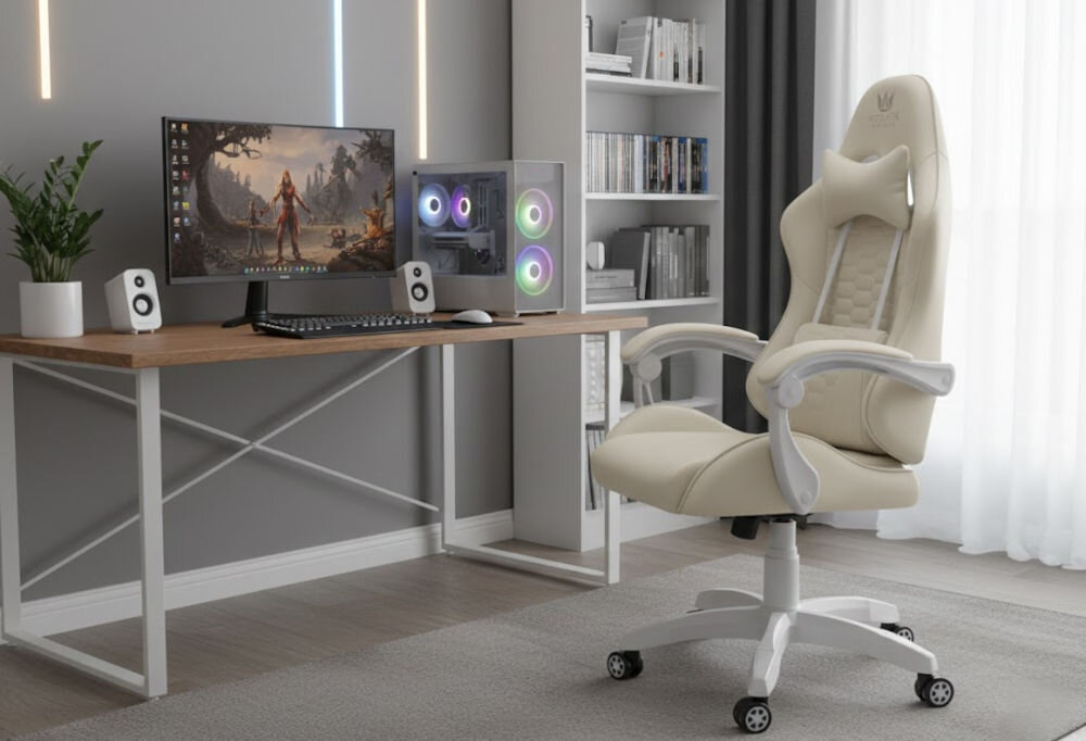 Fotel HELL'S CHAIR HC-1000 Beżowy prezentacja fotela w pokoju przy biurku do 120 kg bezpieczne stabilne użytkowanie trwałość wygoda