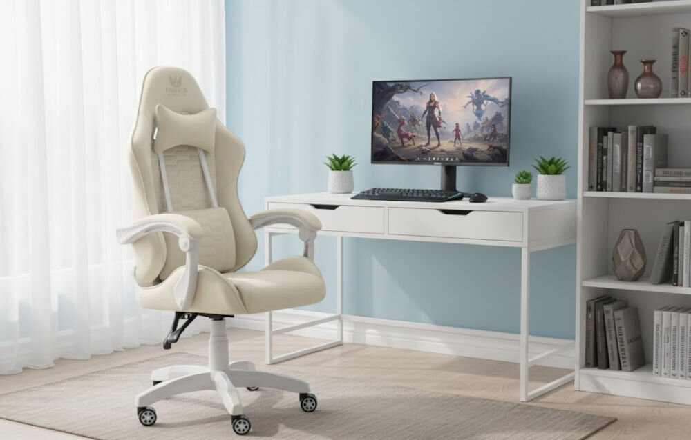 Fotel HELL'S CHAIR HC-1000 Beżowy prezentacja fotela przed biurkiem w pokoju wzrost optymalne dopasowanie podparcie ciała komfort