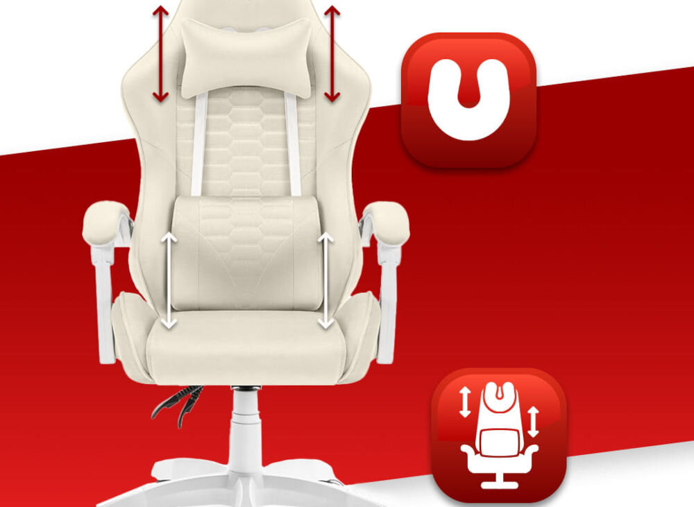Fotel HELL'S CHAIR HC-1000 Beżowy prezentacja fotela na czerwono-białym tle strzałkami zaznaczona możliwość regulacji poduszek ikony poduszka lędźwiowa poduszka wspierająca mięśnie karku odpowiednie podparcie dla ciała komfort suwak wymiana wypełnienia indywidualne potrzeby