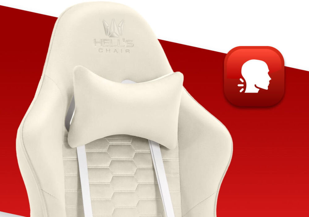 Fotel HELL'S CHAIR HC-1000 Beżowy zbliżenie na oparcie i poduszkę na czerwono-białym tle ikona wyprofilowana poduszka wsparcie głowy i mięśni karku komfort suwak indywidualny poziom miękkości