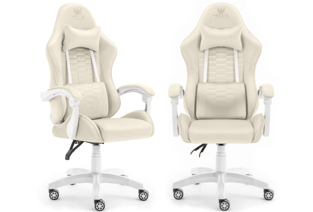 Fotel HELL'S CHAIR HC-1000 Beżowy prezentacja fotela od przodu pod kątem i boku na jasnym tle wyprofilowany kształt oparcia zapobieganie dolegliwościom bólowym kręgosłupa utrzymanie prawidłowej postawy komfort