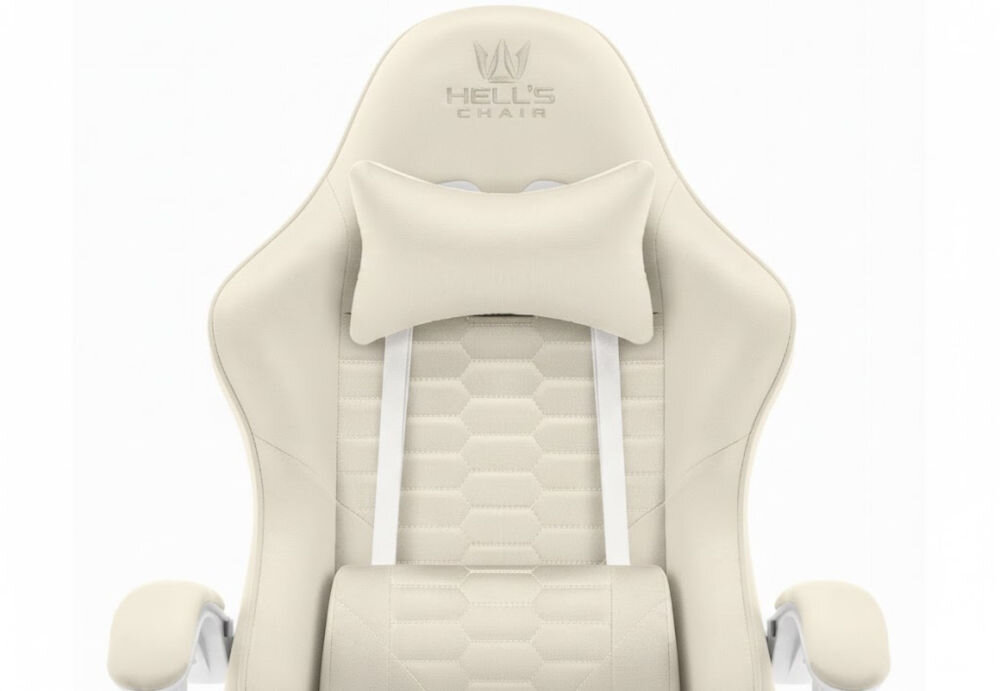 Fotel HELL'S CHAIR HC-1000 Beżowy zbliżenie na oparcie i napis z marką jasne tło szerokie zastosowanie rozrywka nauka praca ergonomia partner do zadań specjalnych