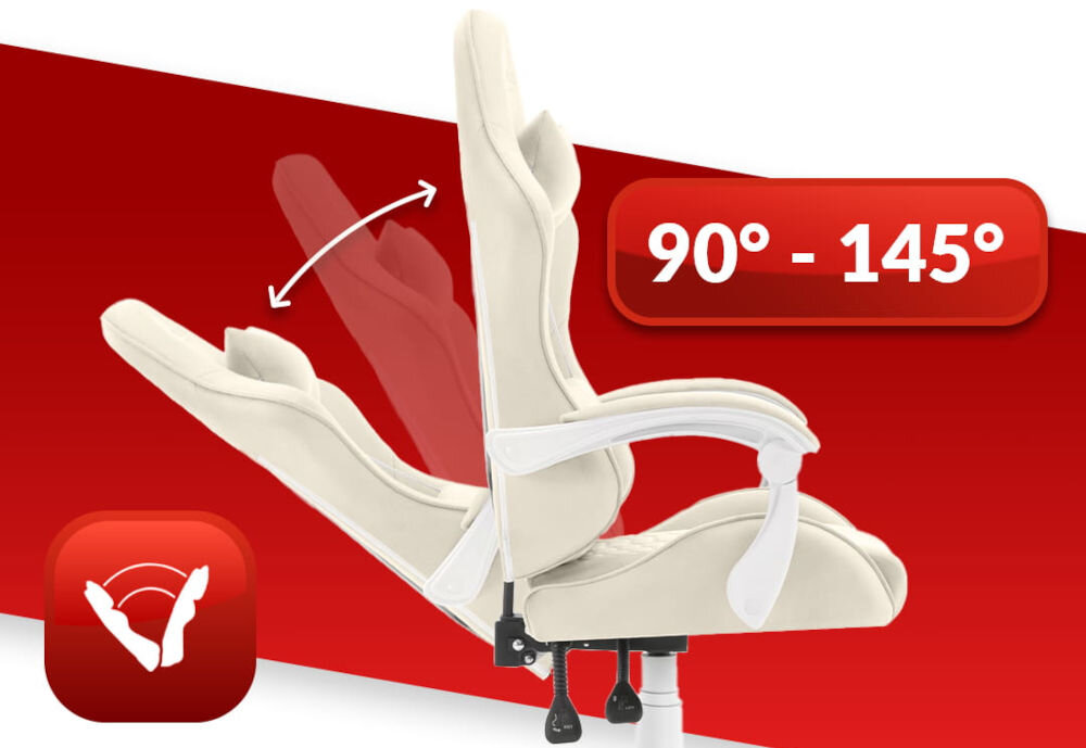 Fotel HELL'S CHAIR HC-1000 Beżowy prezentacja fotela od boku i jego możliwej regulacji na czerwono-białym tle płynna regulacja kąta pochylenia oparcia zakres wygodna dźwignia optymalna pozycja dla komfortu