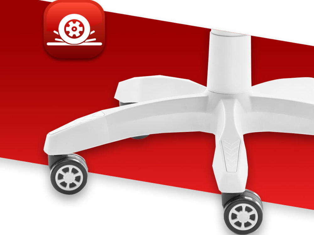 Fotel HELL'S CHAIR HC-1000 Beżowy zbliżenie na kółka na czerwono-białym tle ikona kółek poliuretanowo-kauczukowa powłoka cicha i płynna praca ochrona podłogi