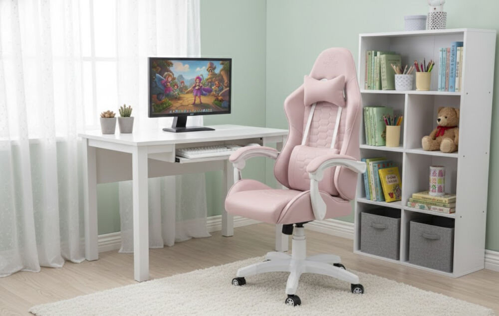 Fotel HELL'S CHAIR HC-1000 Kids Różowy prezentacja fotela w pokoju dziecięcym do 120 kg bezpieczne stabilne użytkowanie trwałość wygoda