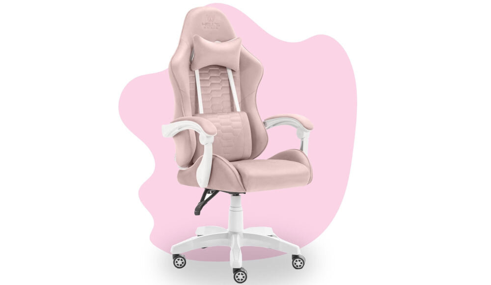 Fotel HELL'S CHAIR HC-1000 Kids Różowy prezentacja fotela od przodu pod kątem na różowo-białym tle wyróżniający się design komfort elegancka forma