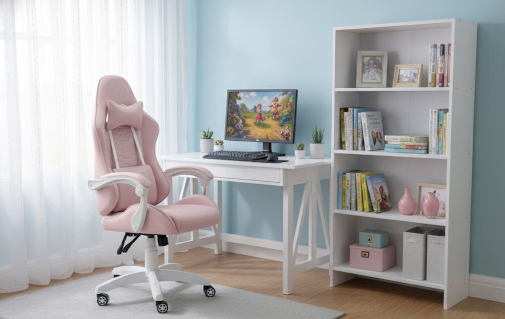 Fotel HELL'S CHAIR HC-1000 Kids Różowy prezentacja fotela pod kątem w pokoju dziecięcym