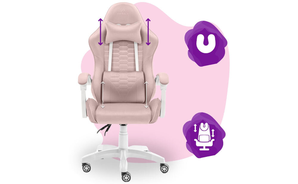 Fotel HELL'S CHAIR HC-1000 Kids Różowy prezentacja fotela na różowo-białym tle strzałkami zaznaczona możliwość regulacji poduszek ikony poduszka lędźwiowa poduszka wspierająca mięśnie karku odpowiednie podparcie dla ciała komfort suwak wymiana wypełnienia indywidualne potrzeby