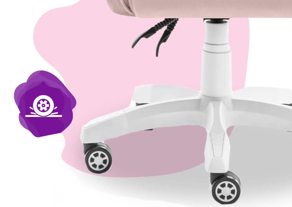 Fotel HELL'S CHAIR HC-1000 Kids Różowy zbliżenie na kółka na różowo-białym tle ikona kółek poliuretanowo-kauczukowa powłoka cicha i płynna praca ochrona podłogi