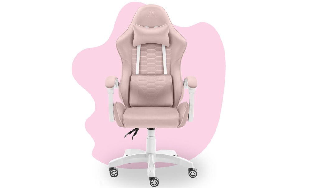 Fotel HELL'S CHAIR HC-1000 Kids Różowy prezentacja fotela od przodu na różowo-białym tle solidna konstrukcja wypełnienie z termo-elastycznej pianki Free Air zimnej pianki CF sprzyja utrzymaniu prawidłowej postawy