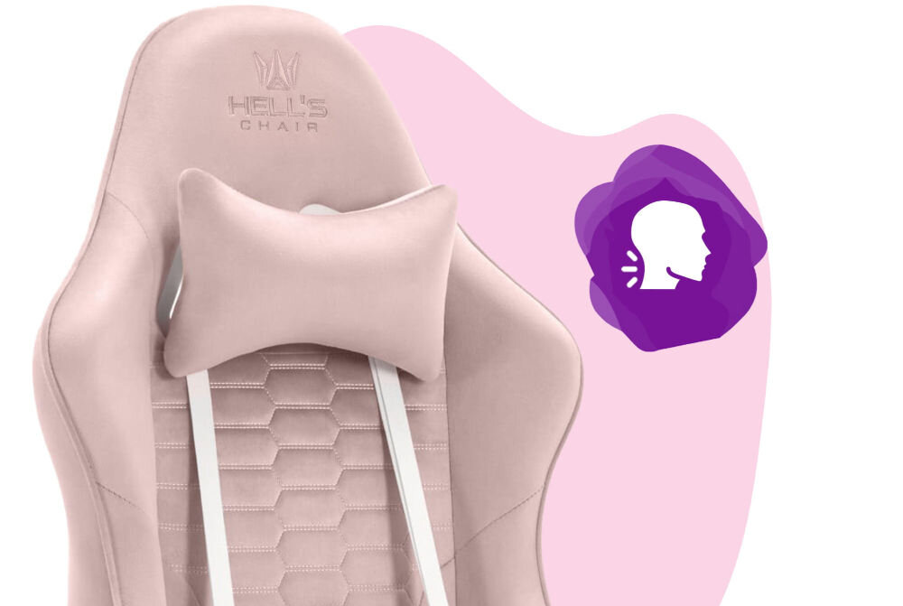 Fotel HELL'S CHAIR HC-1000 Kids Różowy zbliżenie na oparcie i poduszkę na różowo-białym tle ikona wyprofilowana poduszka wsparcie głowy i mięśni karku komfort suwak indywidualny poziom miękkości