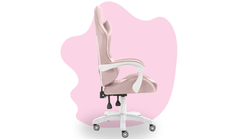 Fotel HELL'S CHAIR HC-1000 Kids Różowy prezentacja fotela od boku na różowo-białym tle płynnie regulowana wysokość siedziska prawidłowa cyrkulacja krwi redukcja uczucia zmęczenia nóg podnośnik gazowy certyfikat SGS