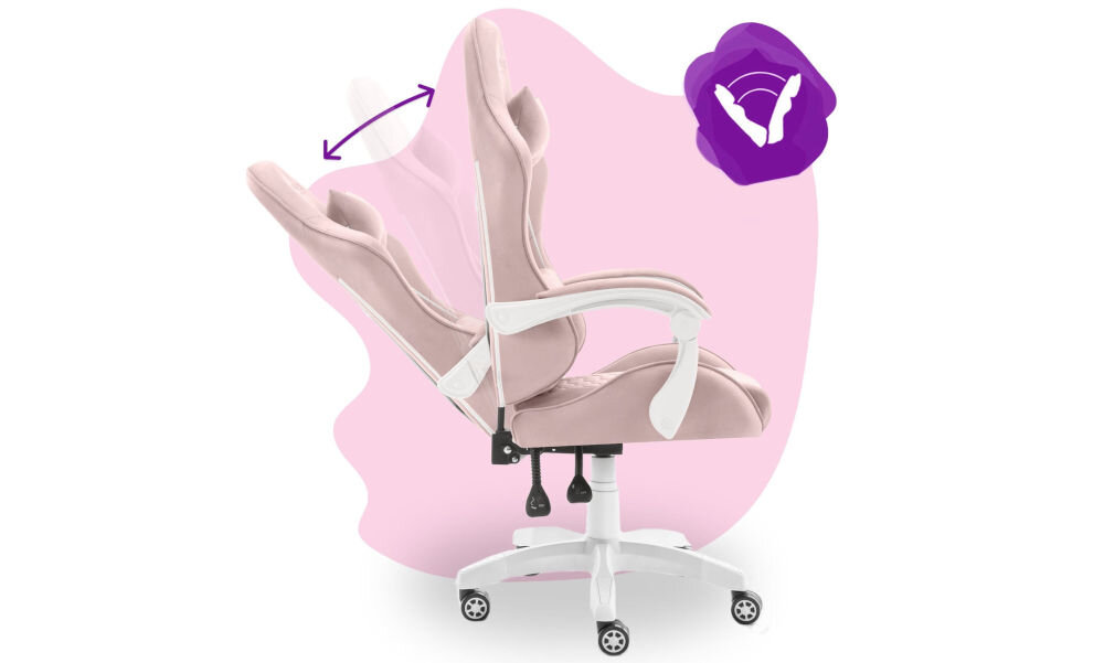 Fotel HELL'S CHAIR HC-1000 Kids Różowy prezentacja fotela od boku i jego możliwej regulacji na różowo-białym tle płynna regulacja kąta pochylenia oparcia wygodna dźwignia optymalna pozycja dla komfortu