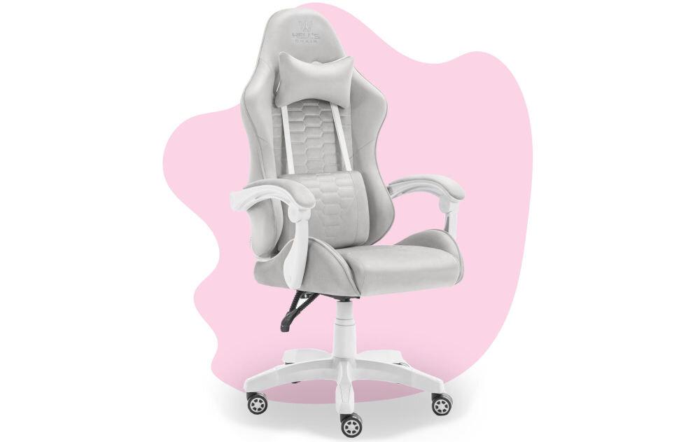 Fotel HELL'S CHAIR HC-1000 Kids Szary prezentacja fotela od przodu pod kątem na różowo-białym tle wyróżniający się design komfort elegancka forma