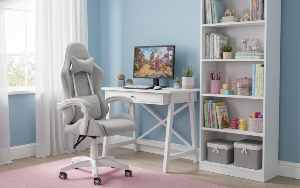 Fotel HELL'S CHAIR HC-1000 Kids Szary prezentacja fotela pod kątem w pokoju dziecięcym