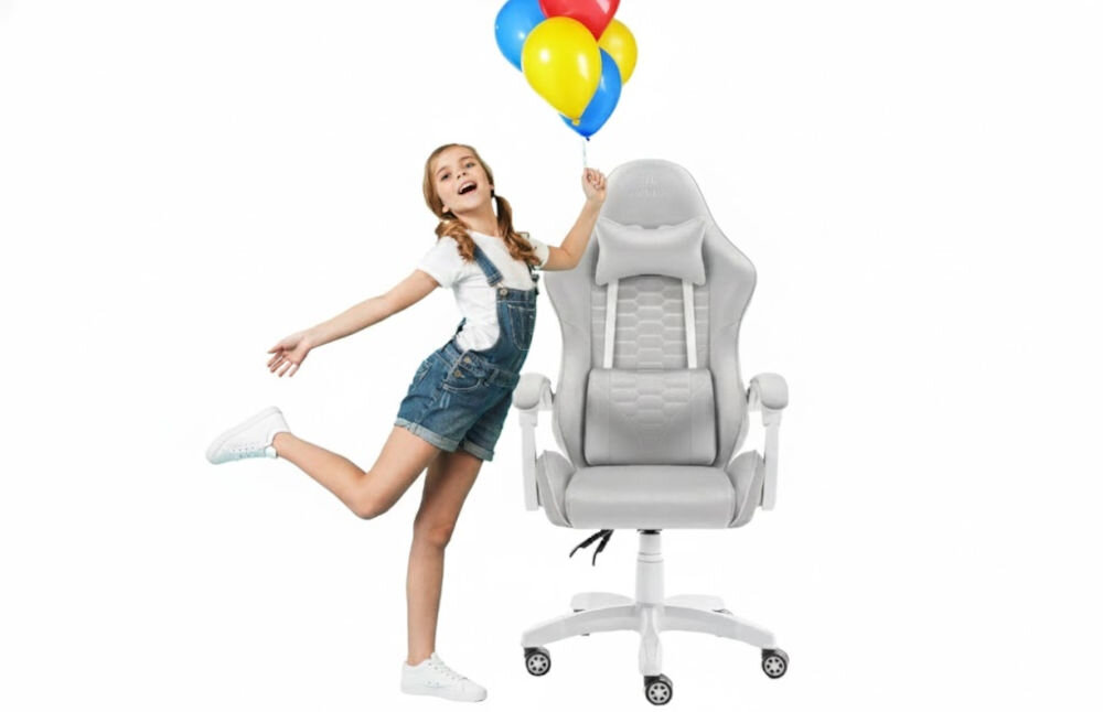 Fotel HELL'S CHAIR HC-1000 Kids Szary prezentacja fotela od przodu na białym tle obok dziecko z balonami wzrost optymalne dopasowanie podparcie ciała komfort