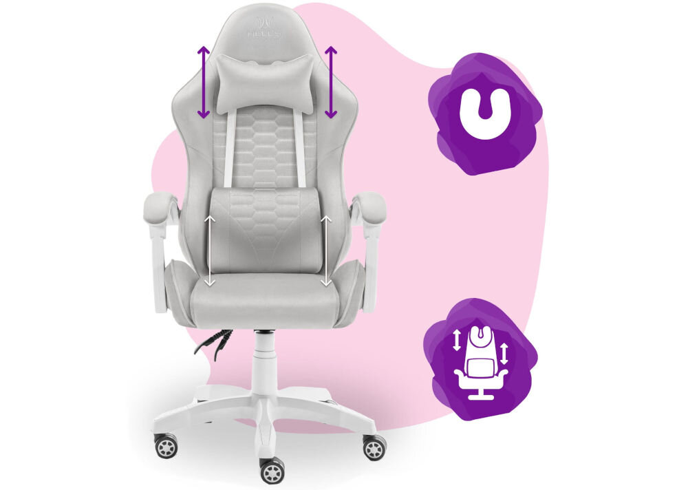 Fotel HELL'S CHAIR HC-1000 Kids Szary prezentacja fotela na różowo-białym tle strzałkami zaznaczona możliwość regulacji poduszek ikony poduszka lędźwiowa poduszka wspierająca mięśnie karku odpowiednie podparcie dla ciała komfort suwak wymiana wypełnienia indywidualne potrzeby