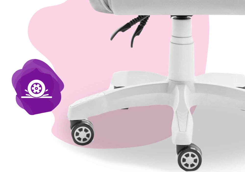 Fotel HELL'S CHAIR HC-1000 Kids Szary zbliżenie na kółka na różowo-białym tle ikona kółek poliuretanowo-kauczukowa powłoka cicha i płynna praca ochrona podłogi