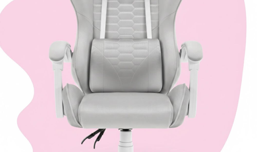 Fotel HELL'S CHAIR HC-1000 Kids Szary zbliżenie na siedzisko i poduszkę fotela różowo-białe tło dbałość o elementy trwały i praktyczny welur profilowana poduszka pod lędźwie tapicerowane podłokietniki