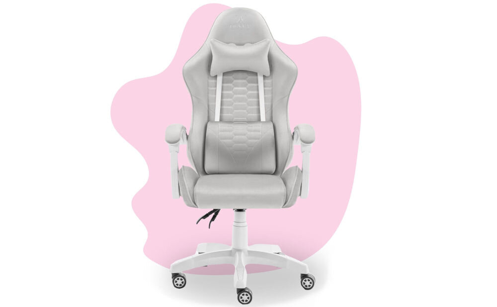 Fotel HELL'S CHAIR HC-1000 Kids Szary prezentacja fotela od przodu na różowo-białym tle solidna konstrukcja wypełnienie z termo-elastycznej pianki Free Air zimnej pianki CF sprzyja utrzymaniu prawidłowej postawy