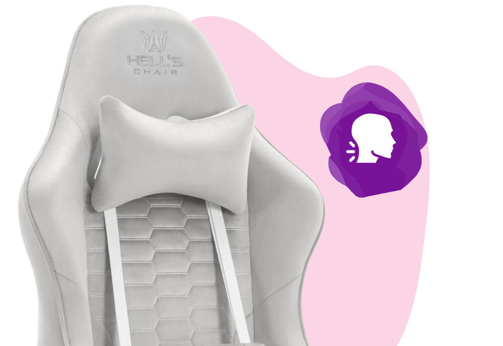 Fotel HELL'S CHAIR HC-1000 Kids Szary zbliżenie na oparcie i poduszkę na różowo-białym tle ikona wyprofilowana poduszka wsparcie głowy i mięśni karku komfort suwak indywidualny poziom miękkości