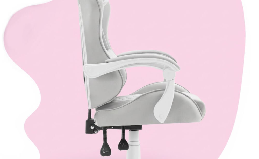 Fotel HELL'S CHAIR HC-1000 Kids Szary zbliżenie na podłokietniki różowo-białe tło miękkie wypełnienie solidne podparcie spójna stylistyka komfort przedramion