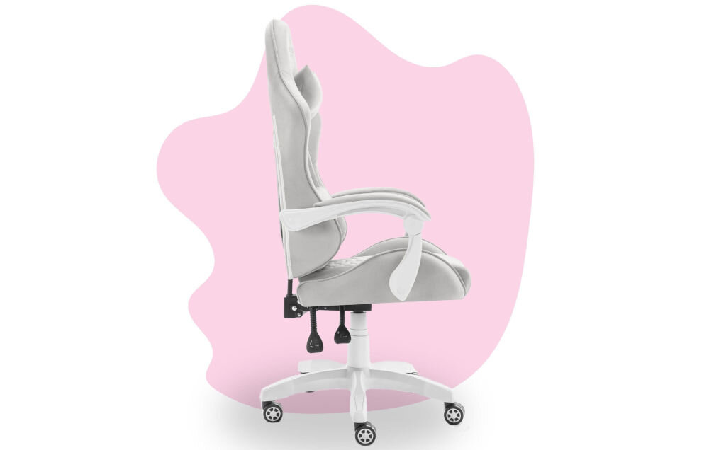 Fotel HELL'S CHAIR HC-1000 Kids Szary prezentacja fotela od boku na różowo-białym tle płynnie regulowana wysokość siedziska prawidłowa cyrkulacja krwi redukcja uczucia zmęczenia nóg podnośnik gazowy certyfikat SGS