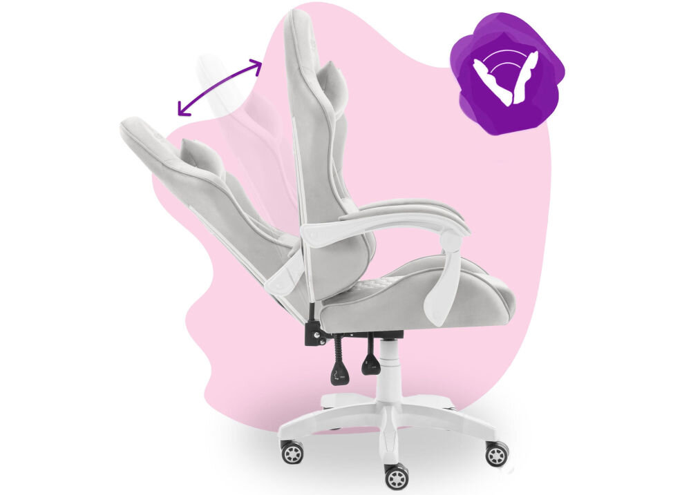 Fotel HELL'S CHAIR HC-1000 Kids Szary prezentacja fotela od boku i jego możliwej regulacji na różowo-białym tle płynna regulacja kąta pochylenia oparcia wygodna dźwignia optymalna pozycja dla komfortu