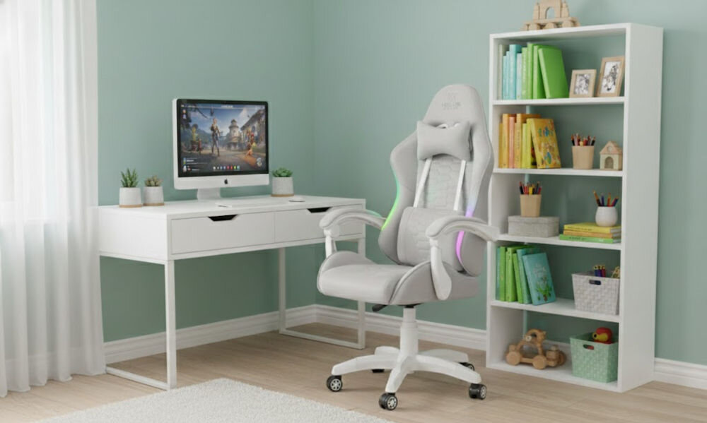 Fotel HELL'S CHAIR HC-1000 LED RGB Kids Szary prezentacja fotela w pokoju dziecięcym do 120 kg bezpieczne stabilne użytkowanie trwałość wygoda