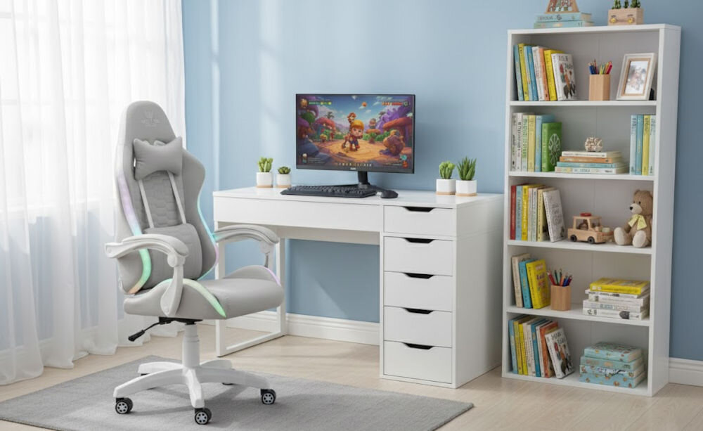 Fotel HELL'S CHAIR HC-1000 LED RGB Kids Szary prezentacja fotela pod kątem w pokoju dziecięcym