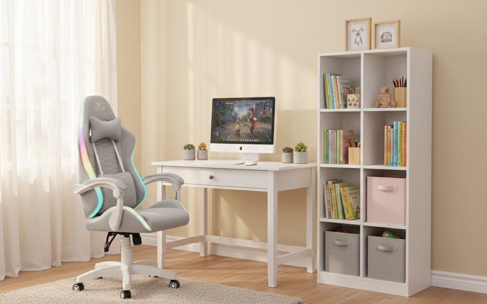 Fotel HELL'S CHAIR HC-1000 LED RGB Kids Szary prezentacja fotela od przodu na białym tle obok dziecko wzrost optymalne dopasowanie podparcie ciała komfort