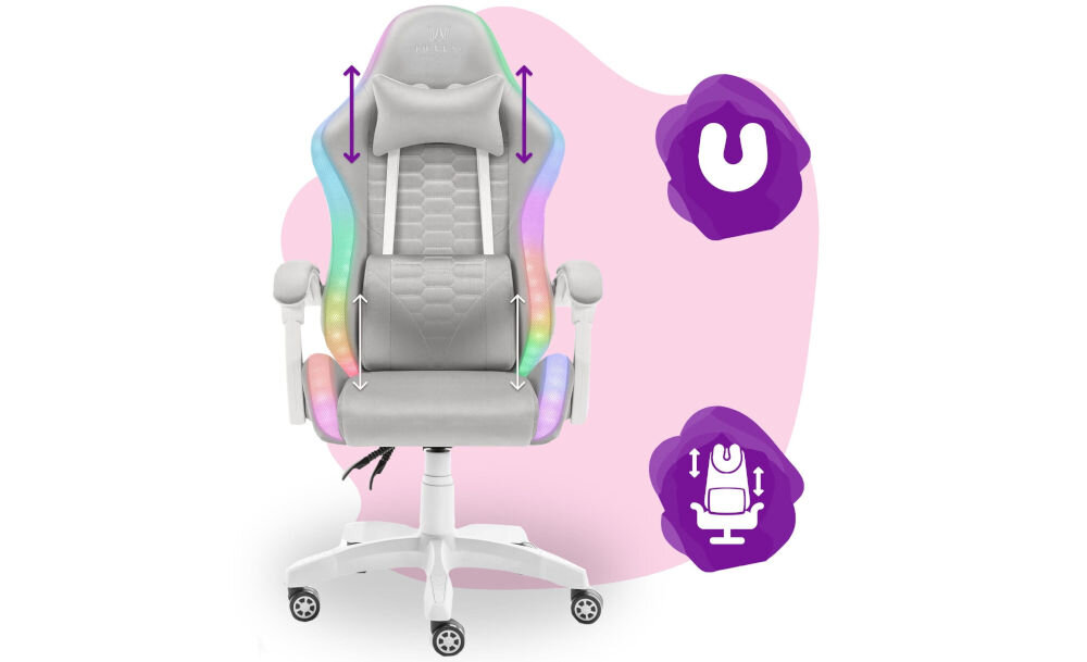 Fotel HELL'S CHAIR HC-1000 LED RGB Kids Szary prezentacja fotela na różowo-białym tle strzałkami zaznaczona możliwość regulacji poduszek ikony poduszka lędźwiowa poduszka wspierająca mięśnie karku odpowiednie podparcie dla ciała komfort suwak wymiana wypełnienia indywidualne potrzeby