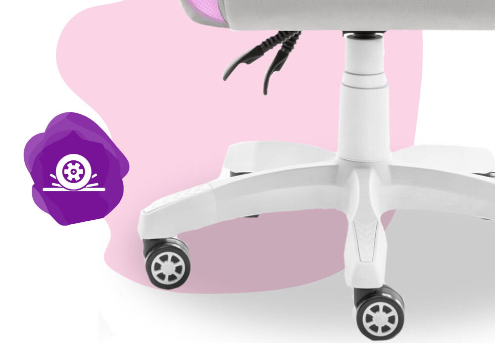 Fotel HELL'S CHAIR HC-1000 LED RGB Kids Szary zbliżenie na kółka na różowo-białym tle ikona kółek poliuretanowo-kauczukowa powłoka cicha i płynna praca ochrona podłogi