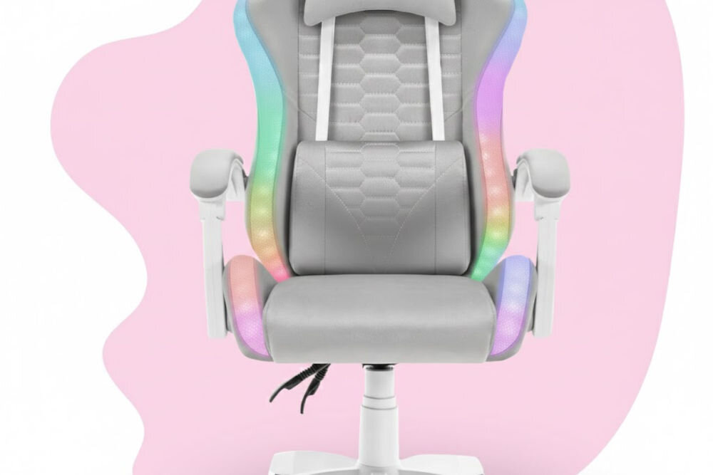 Fotel HELL'S CHAIR HC-1000 LED RGB Kids Szary zbliżenie na siedzisko i poduszkę fotela różowo-białe tło dbałość o elementy trwały i praktyczny welur profilowana poduszka pod lędźwie tapicerowane podłokietniki