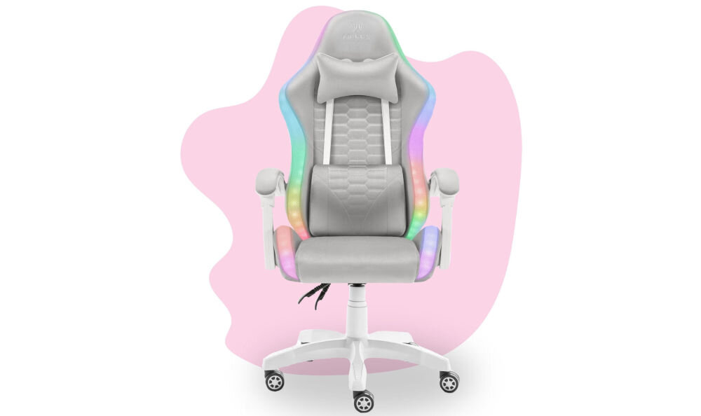 Fotel HELL'S CHAIR HC-1000 LED RGB Kids Szary prezentacja fotela od przodu na różowo-białym tle solidna konstrukcja wypełnienie z termo-elastycznej pianki Free Air zimnej pianki CF sprzyja utrzymaniu prawidłowej postawy