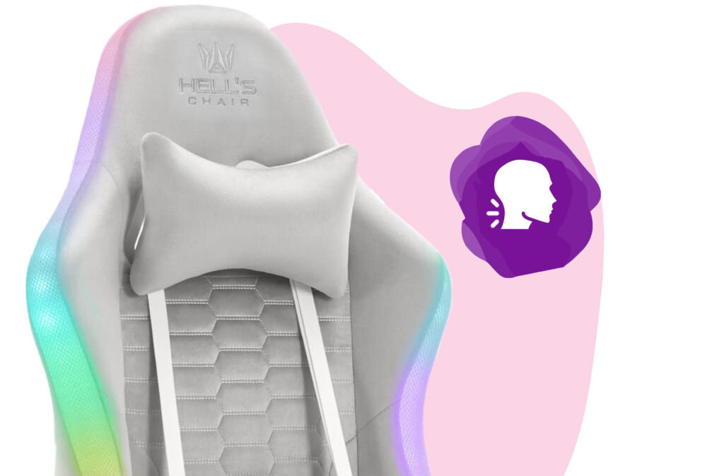 Fotel HELL'S CHAIR HC-1000 LED RGB Kids Szary zbliżenie na oparcie i poduszkę na różowo-białym tle ikona wyprofilowana poduszka wsparcie głowy i mięśni karku komfort suwak indywidualny poziom miękkości