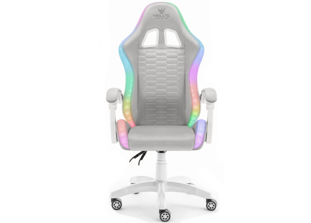 Fotel HELL'S CHAIR HC-1000 LED RGB Kids Szary prezentacja fotela od przodu na białym tle wyprofilowany kształt oparcia zapobieganie dolegliwościom bólowym kręgosłupa utrzymanie prawidłowej postawy komfort