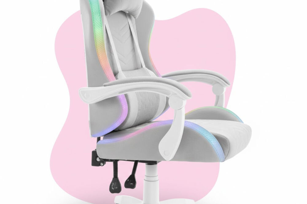 Fotel HELL'S CHAIR HC-1000 LED RGB Kids Szary zbliżenie na podłokietniki różowo-białe tło miękkie wypełnienie solidne podparcie spójna stylistyka komfort przedramion