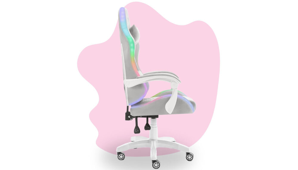 Fotel HELL'S CHAIR HC-1000 LED RGB Kids Szary prezentacja fotela od boku na różowo-białym tle płynnie regulowana wysokość siedziska prawidłowa cyrkulacja krwi redukcja uczucia zmęczenia nóg podnośnik gazowy certyfikat SGS