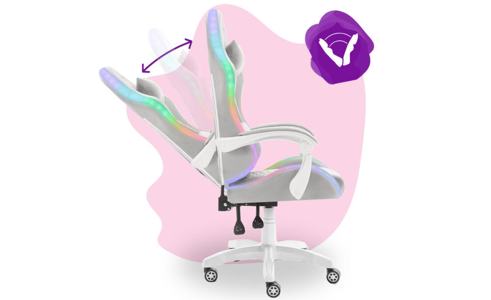Fotel HELL'S CHAIR HC-1000 LED RGB Kids Szary prezentacja fotela od boku i jego możliwej regulacji na różowo-białym tle płynna regulacja kąta pochylenia oparcia wygodna dźwignia optymalna pozycja dla komfortu