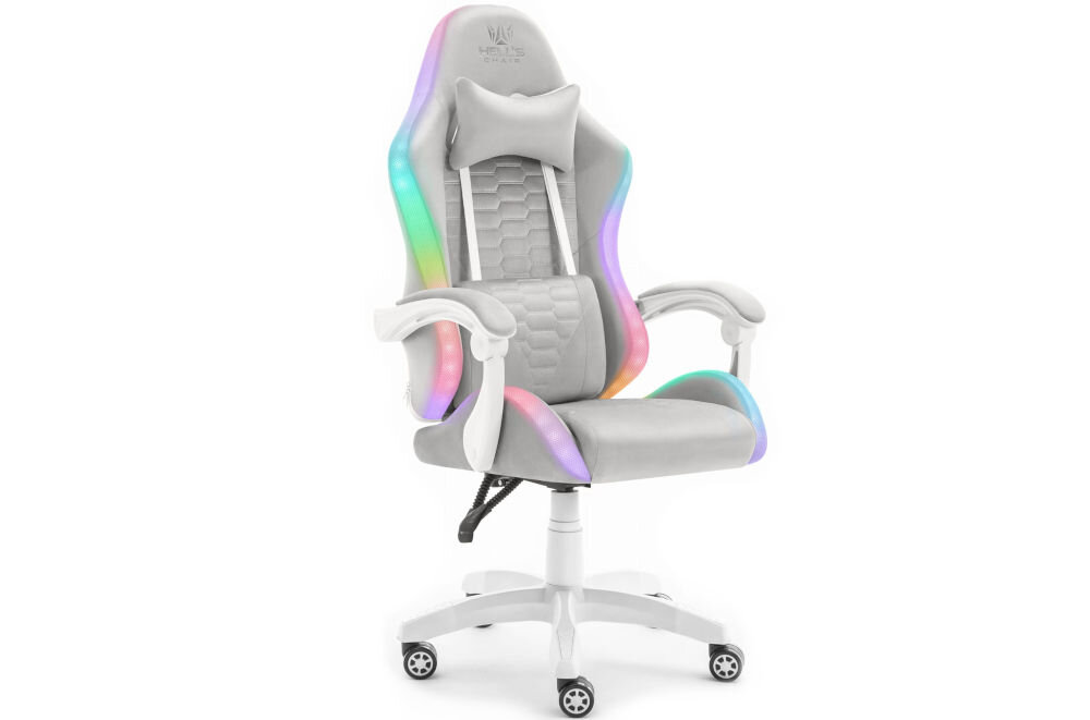 Fotel HELL'S CHAIR HC-1000 LED RGB Szaro-biały prezentacja fotela od przodu pod kątem na białym tle wyróżniający się design komfort elegancka forma
